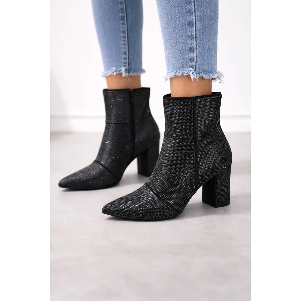 Forever Link Women's Rhinestone Embellished Pointed Toe Ankle Bootie Size 8